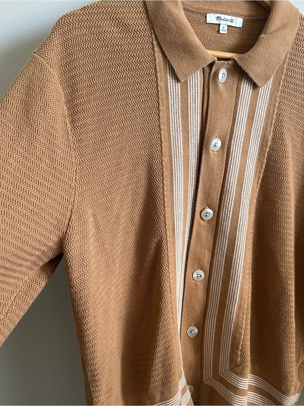 Madewell Men's 100% Cotton Knit Polo Cardigan Sweater Brown Cream Medium - Picture 5 of 8